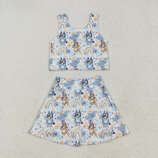 Blue Cartoon print sleeveless girl yoga set