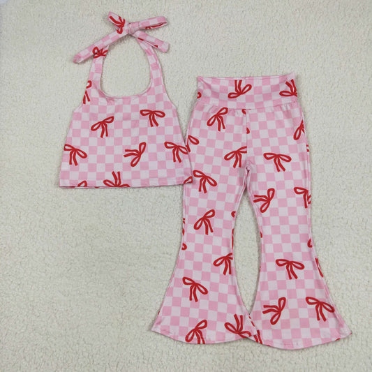 Pink Plaid bows Girls Suit Summer SetGSPO2030