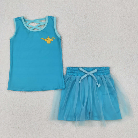 Summer blue cartoon short sleeve girls Set