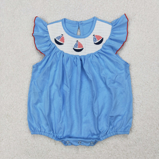 July Of 4th Blue Sailing boat Smock Baby RomperSR2573