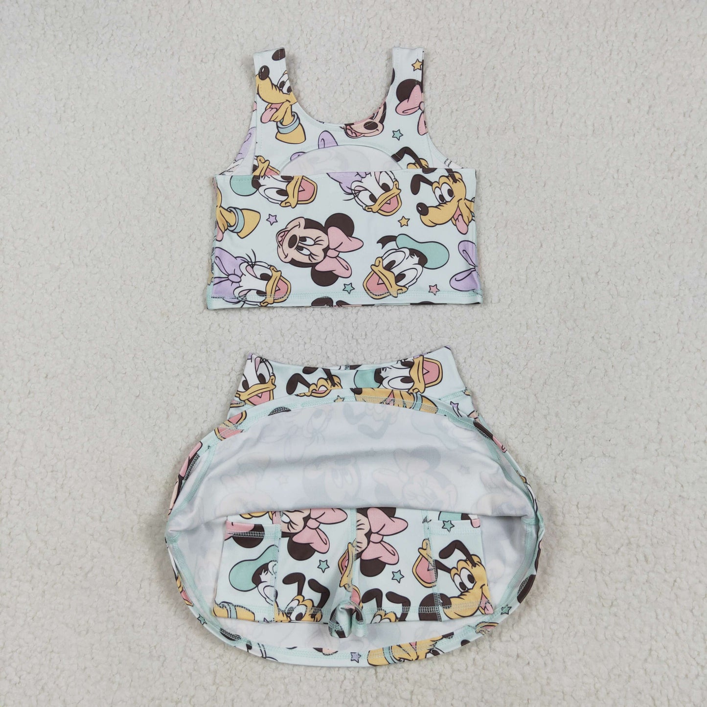 Cartoon print sleeveless girl yoga set