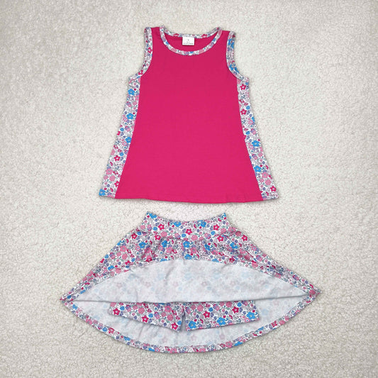 Summer hot pink flower sleeveless girls Set
