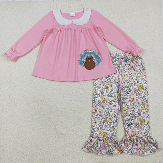 pink turkey embroidery girl thanksgiving set GLP2409