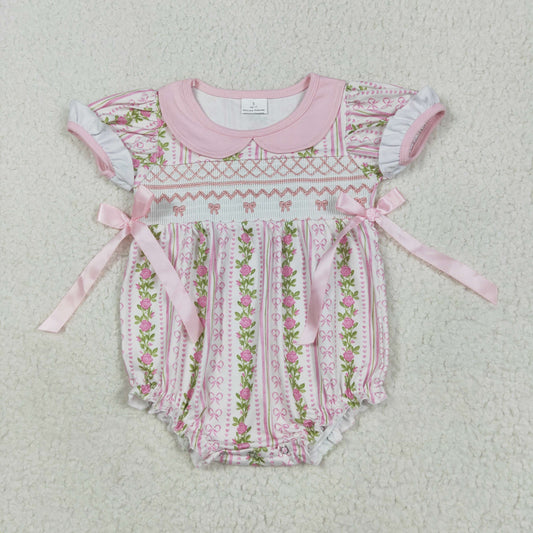 pink flowers bows embroidery Baby Romper SR2994