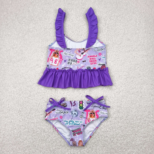 2pc purple flowers flying sleeve girl Swimsuit