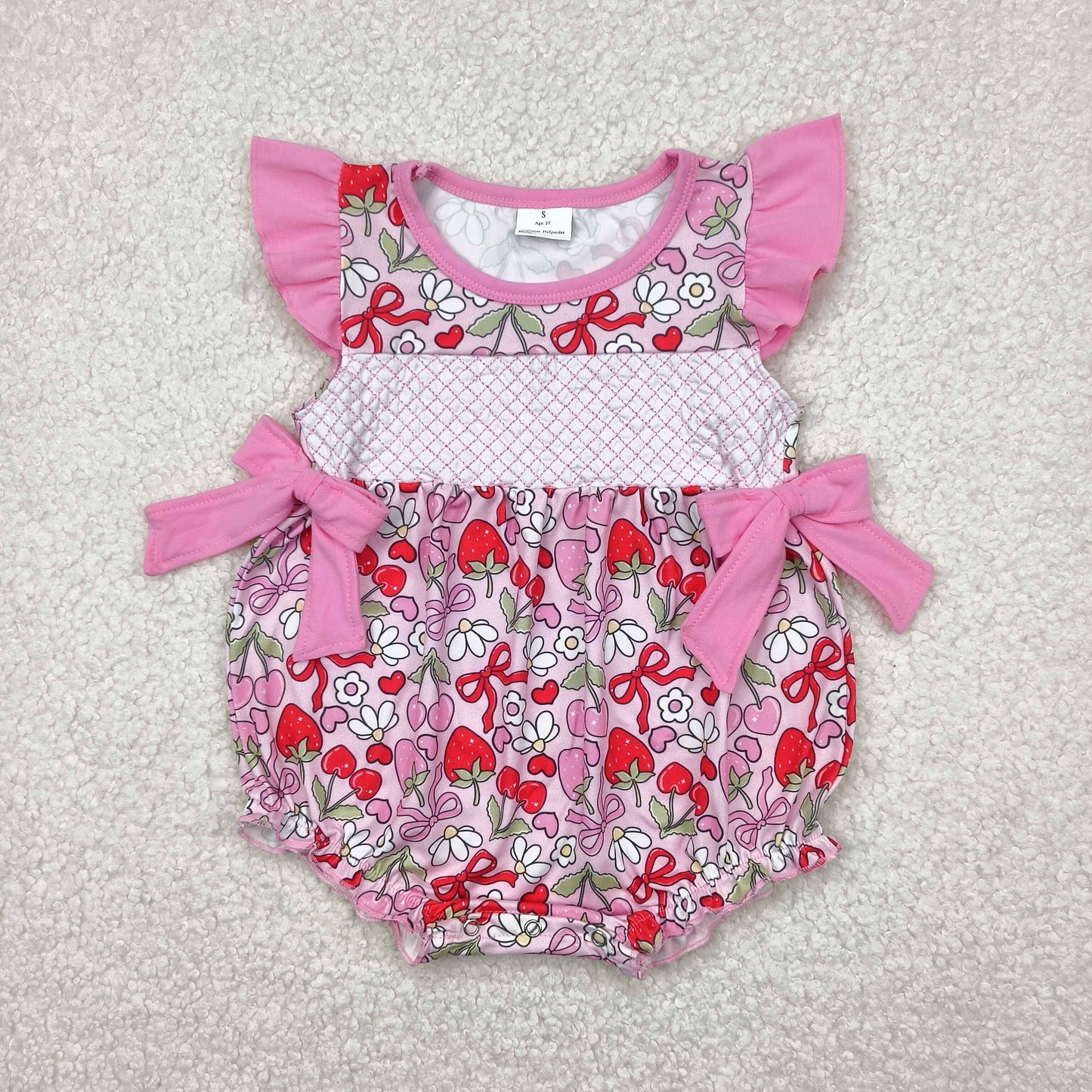 flowers Strawberry bows embroidery Baby Romper
