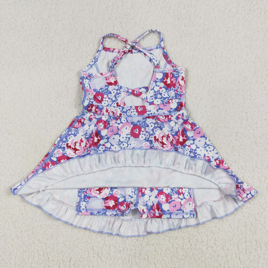 Purple blue flowers yoga sleeveless print girl setGSD2285