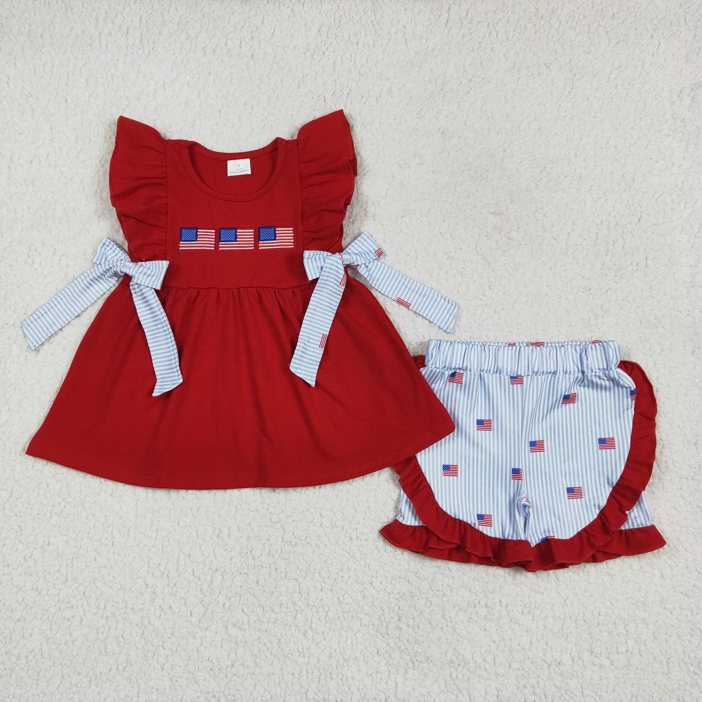 red 4th of july flag embroidery Girls Suit Summer Set
