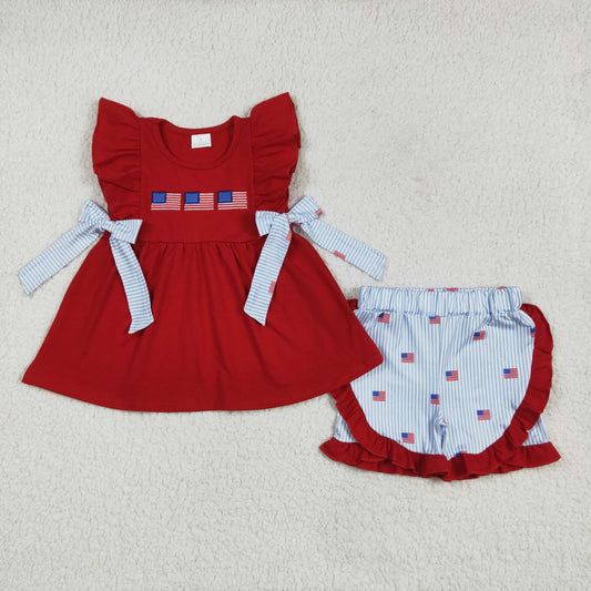 red 4th of july flag embroidery Girls Suit Summer Set