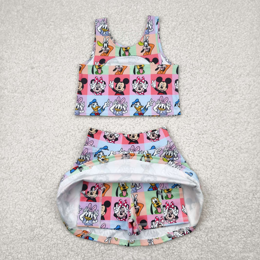 colorful plaid cartoon yoga sleeveless girl set