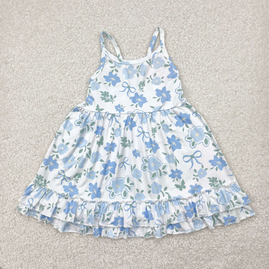 Blue flowers print Short Girls Dress