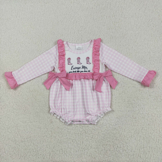 pink plaid boots embroidery long sleeve Baby Romper LR2190