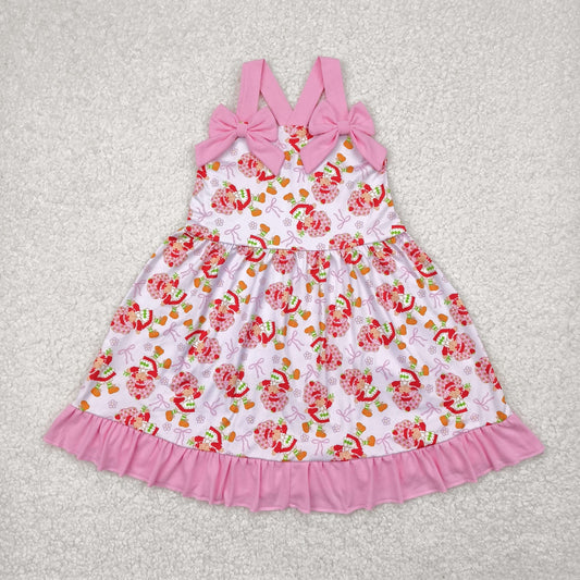 Pink flowers Cartoon bows print Short Girls Dress