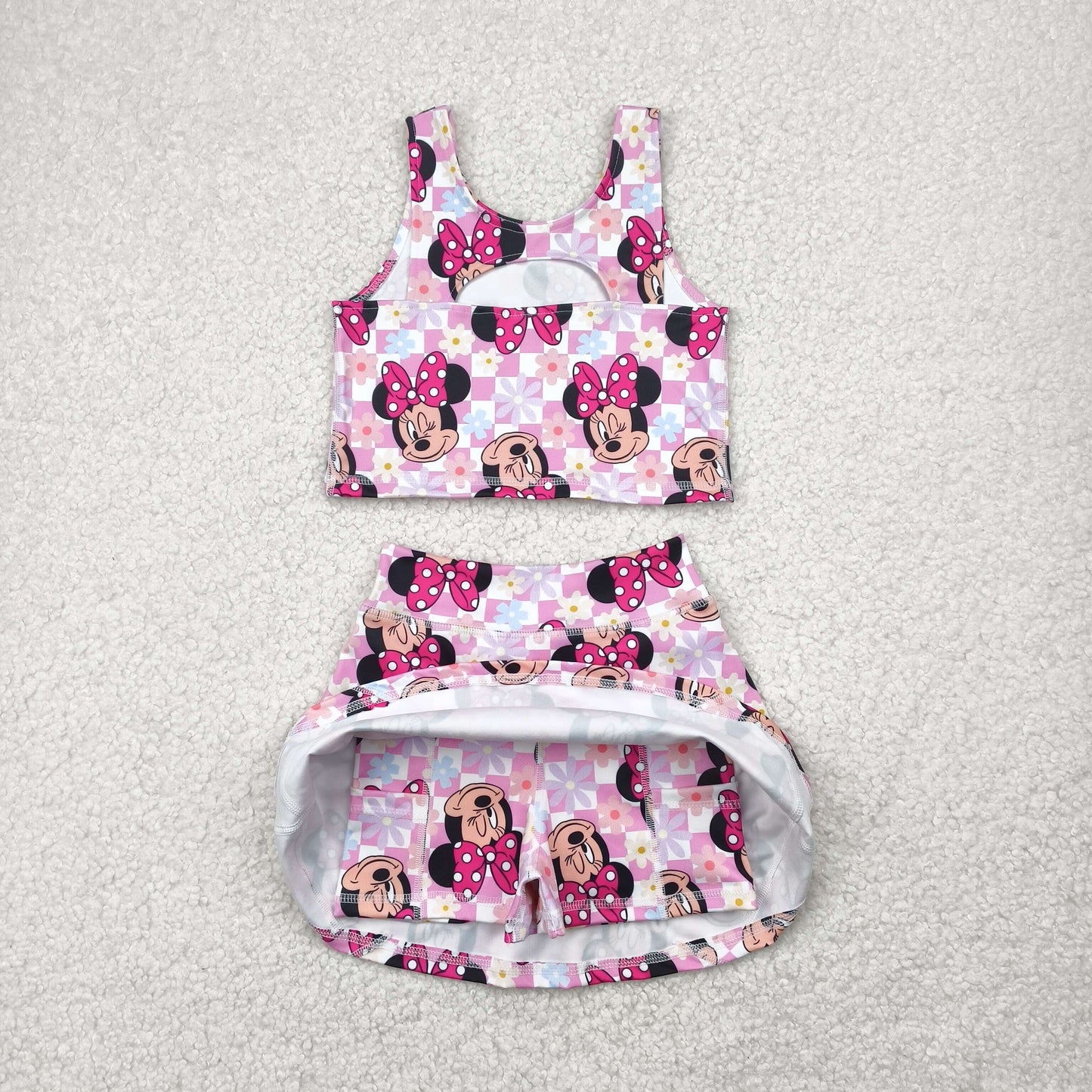 Pink Cartoon print sleeveless girl yoga set