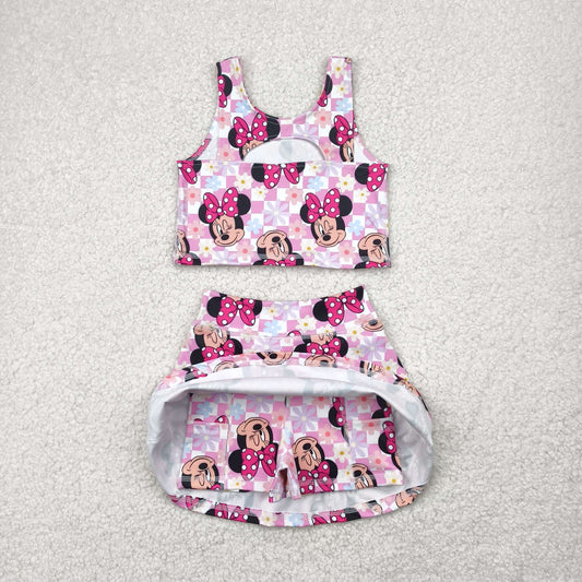Pink Cartoon print sleeveless girl yoga set