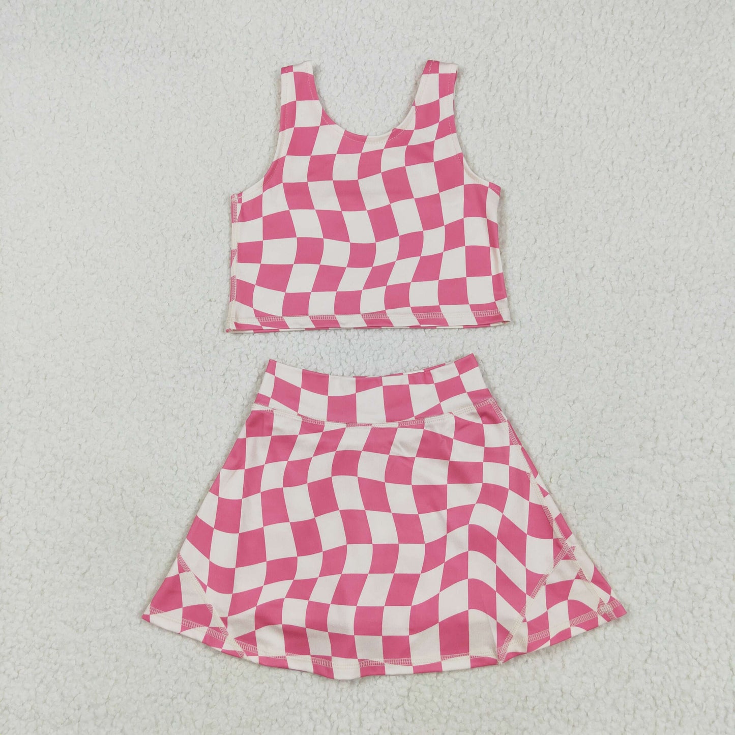 pink white plaid yoga sleeveless girl set