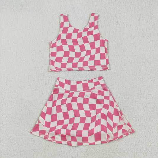 pink white plaid yoga sleeveless girl set