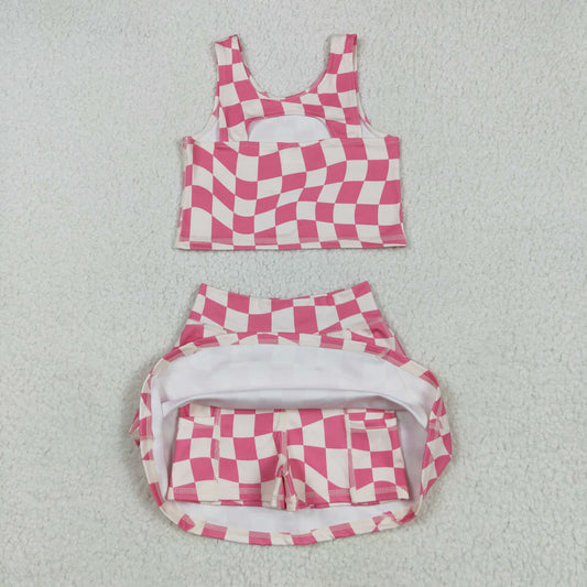 pink white plaid yoga sleeveless girl set