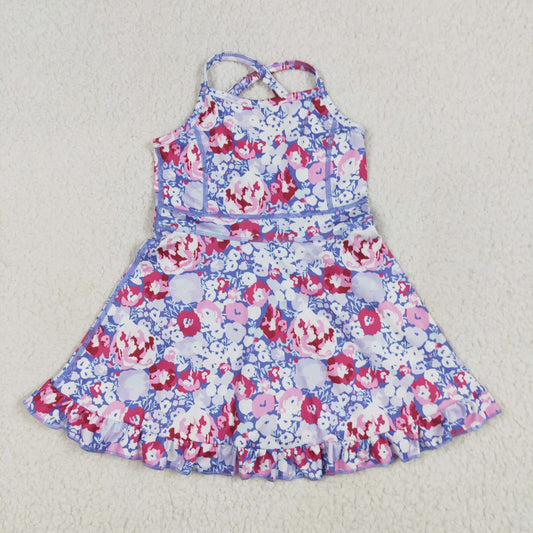 Purple blue flowers yoga sleeveless print girl setGSD2285