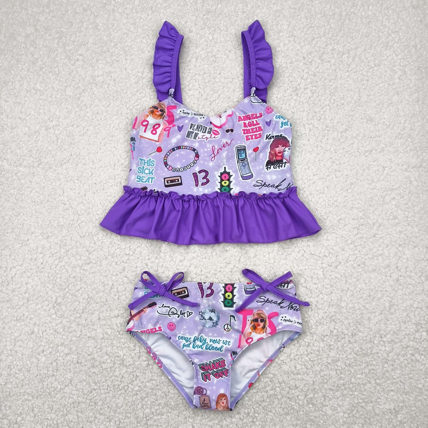2pc purple flowers flying sleeve girl Swimsuit