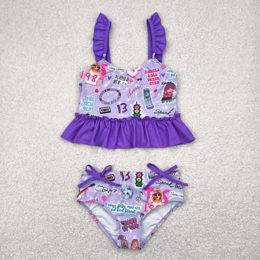 2pc purple flowers flying sleeve girl Swimsuit