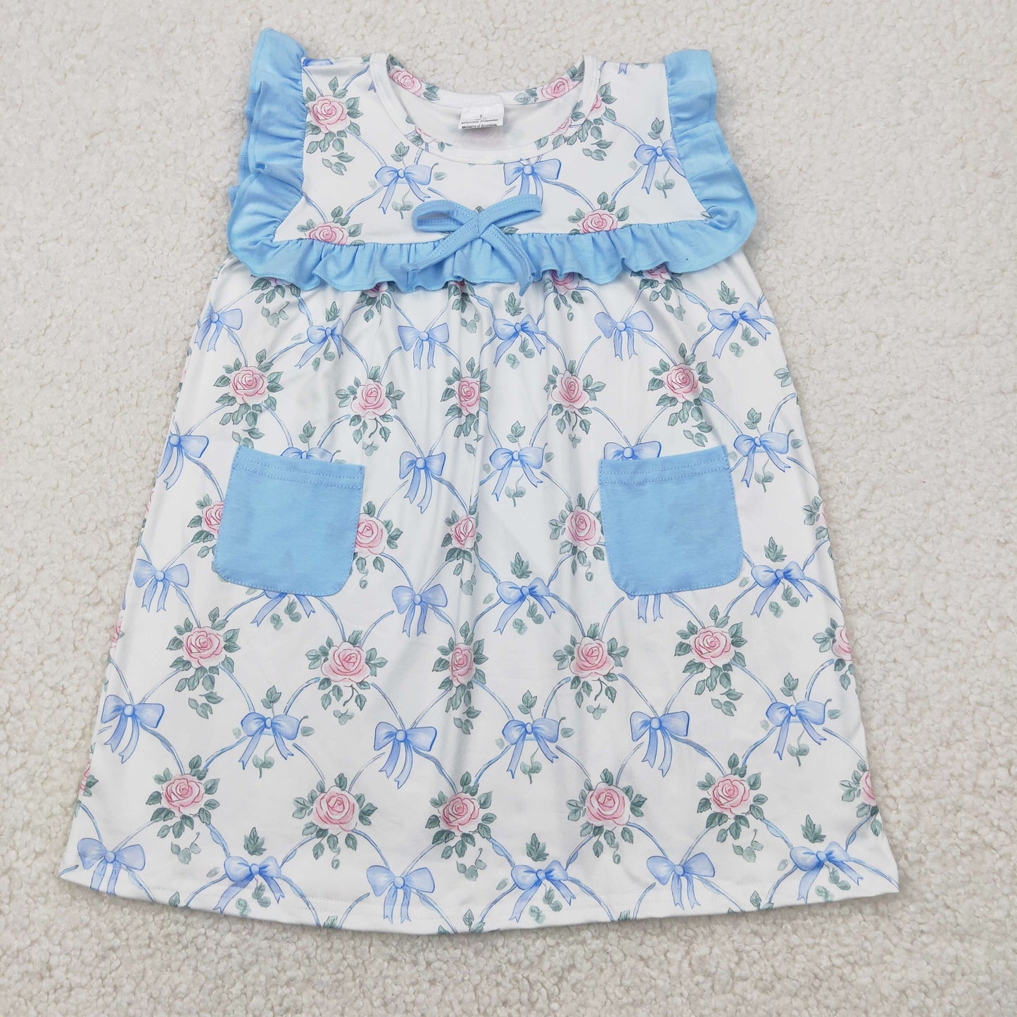 blue Flowers bows print sleeveless Girls Dress