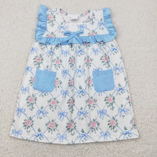 blue Flowers bows print sleeveless Girls Dress