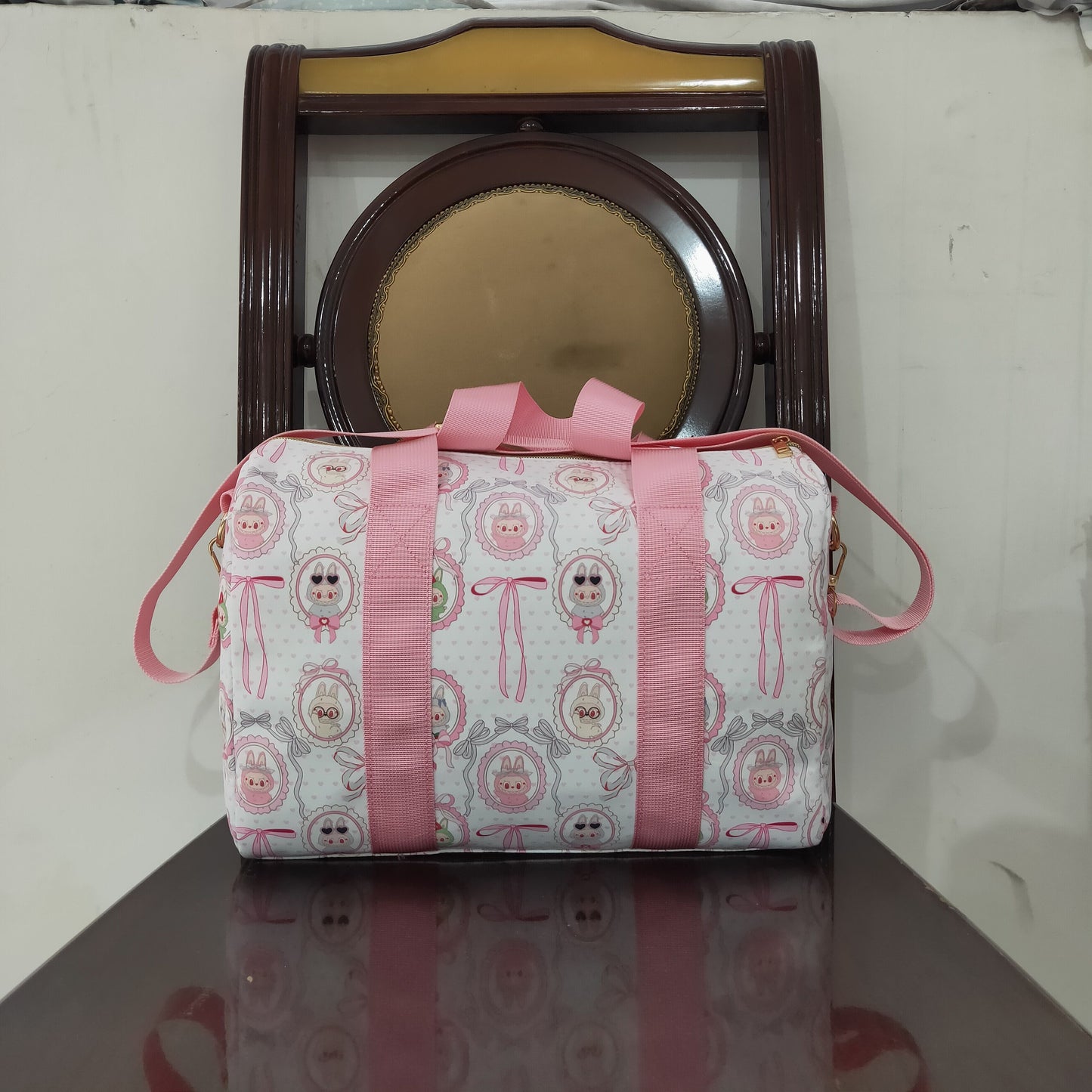 pink white cartoon Gym bag