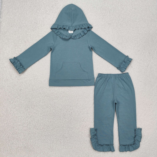 Gray Blue lace hood long sleeve pajamas suit