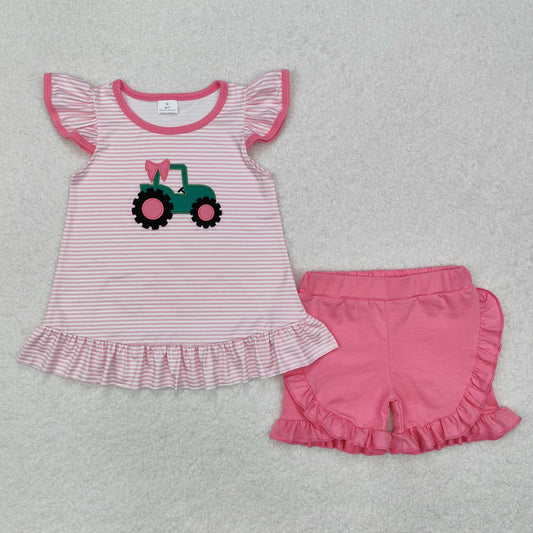 pink stripe tractoe embroidery Suit Summer Set