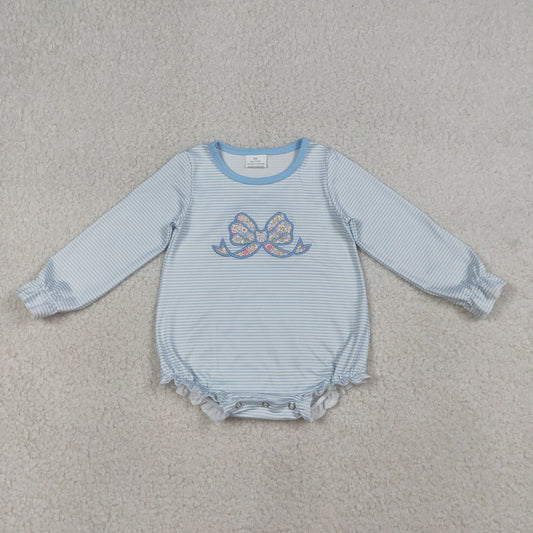 Embroidery flower bow blue stripes Long Sleeve Baby Romper lR2917