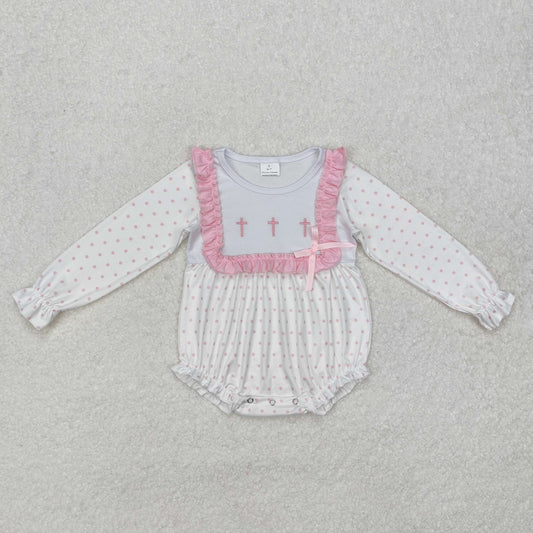 Pink polka embroidery crucifix pattern Print Baby Romper