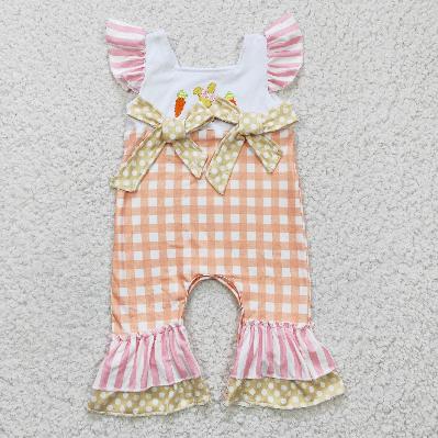 SR0129 Easter Embroidered Carrot Bunny Romper (usa warehouse)