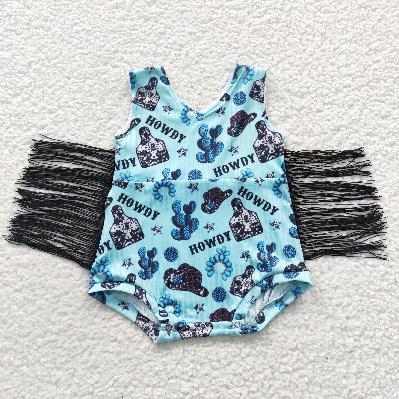 SR0323 Western Blue cactus with tassels baby Romper (usa warehouse)
