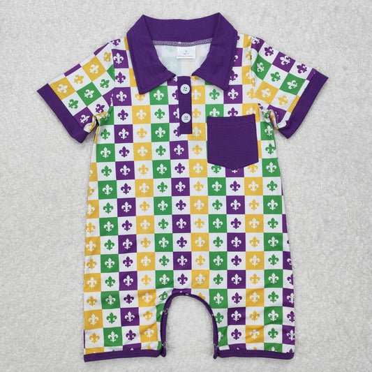 Carnival purple plaid pocket Print Baby Romper