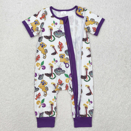 Mardi gras print Baby Romper With zipper