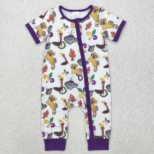 Mardi gras print Baby Romper With zipper