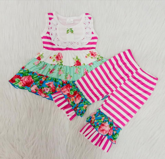 pink lace flowers ruffle short summer set