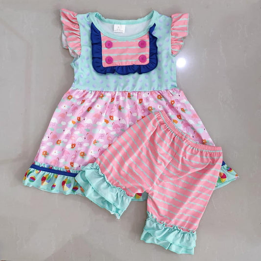 pink unicorn ruffle short summer set