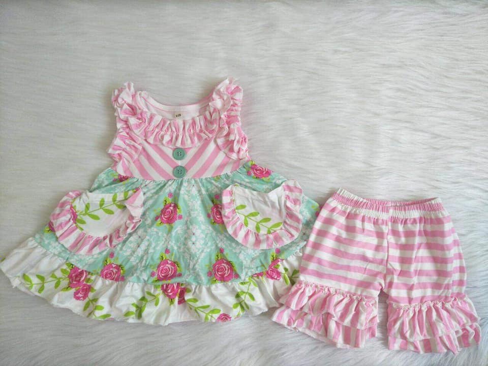 pink flowers ruffle short summer set