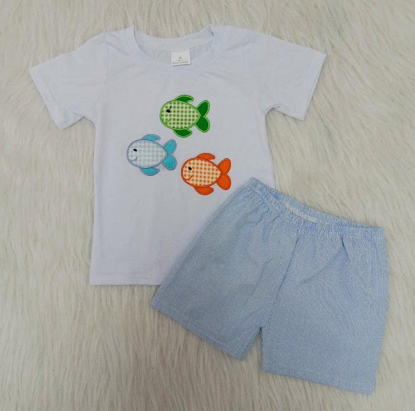 Embroidery fish boy summer set