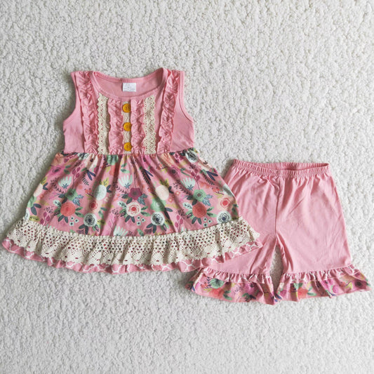 pink flowers ruffle short summer set