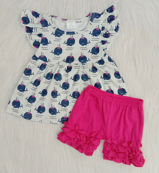 cute ruffle whale girl summer set