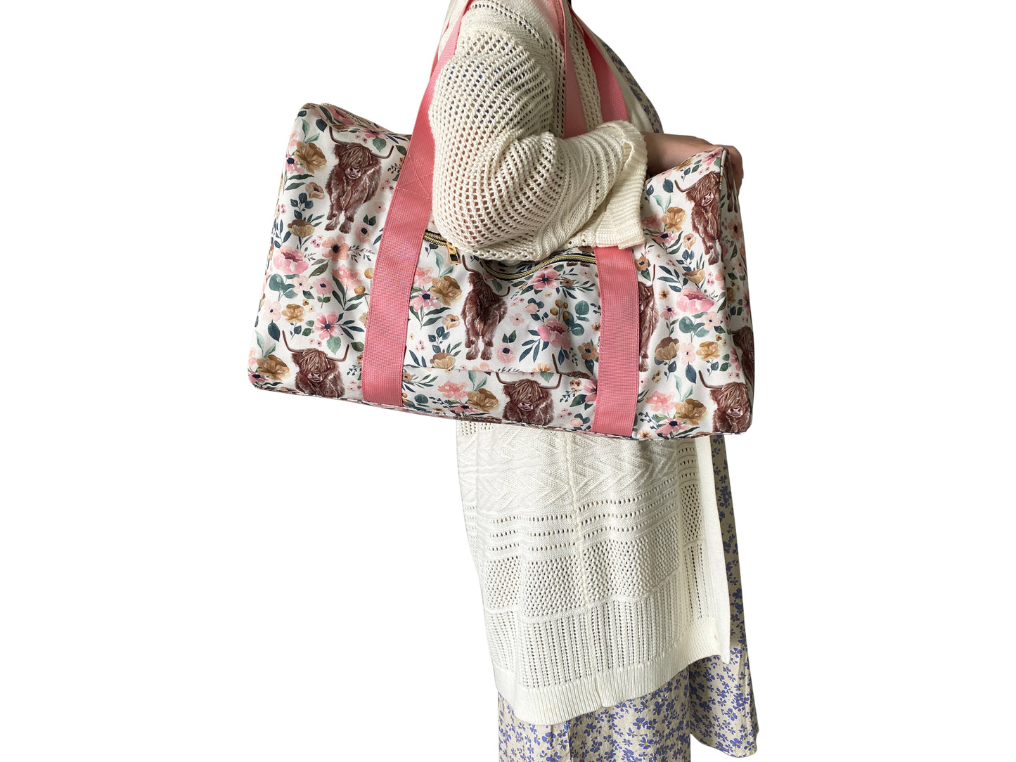 PINK HIGHLAND COW FLOWER DUFFLE BACK