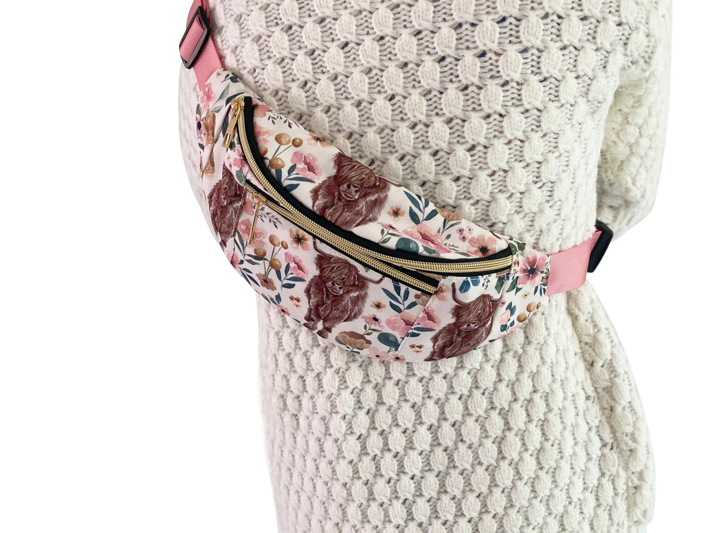 HIGHLAND COW PINK FLOWER FANNY PACK