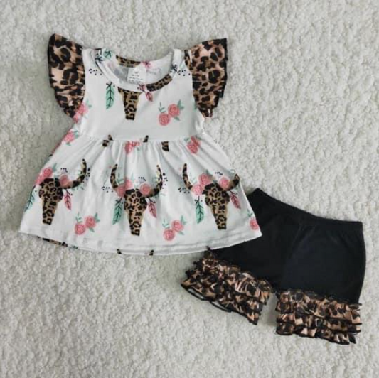 Leopard Cow Ruffle Girl summer set