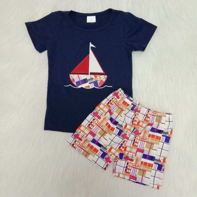 Embroidery sailboat boy summer set