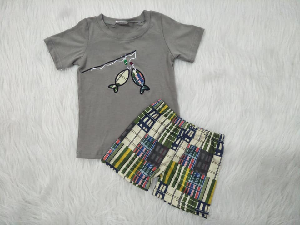 Embroidery fishing boy summer set