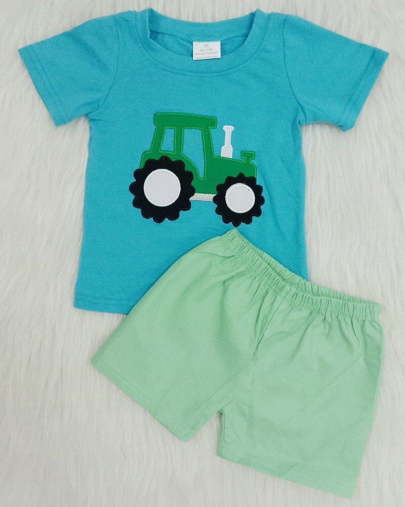Embroidery tractor boy summer set