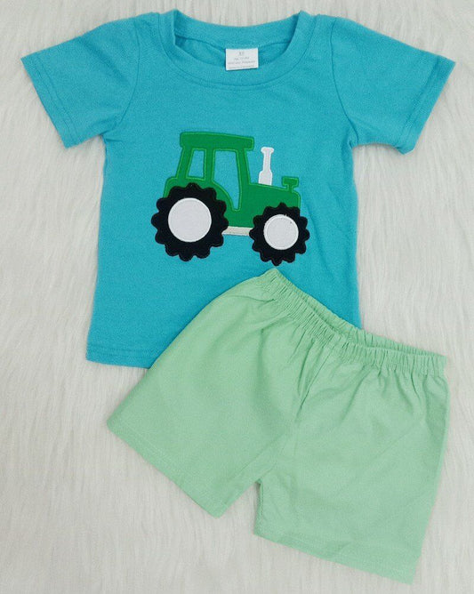 Embroidery tractor boy summer set